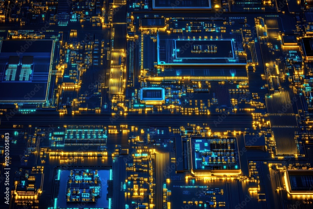 Aufkleber a close up of a computer chip with a blue and yellow color scheme. generative ai