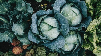 Obraz premium Lush cabbages growing alongside rows of other vegetables in a diversified farming plot