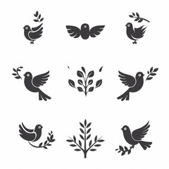 Obraz premium Peace dove graffiti, pigeons, twigs ink illustration. Flying birds silhouettes monochrome flat icons