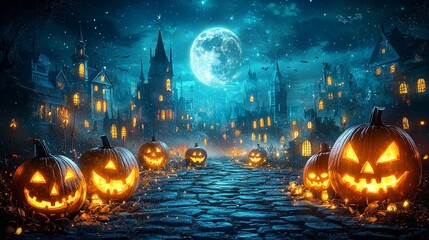 Naklejka premium A group of jack-o-lanterns sitting on the ground in front of a full moon
