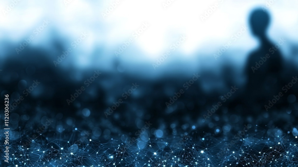 Poster abstract silhouette of a person in a tranquil environment with digital connections and glowing parti