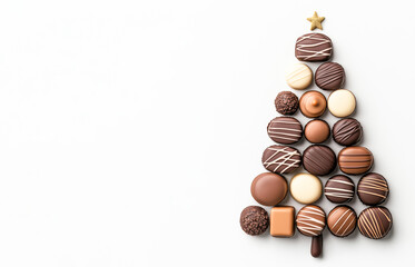 Creative chocolate Christmas tree design made with various types of chocolates arranged in festive shape for holiday celebration