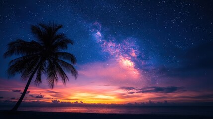 Silhouetted palm tree on beach at sunset with vibrant Milky Way galaxy overhead.