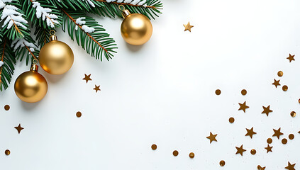 White background image featuring pine branches covered in snow with gold green transparent baubles star ornaments and shining confetti._00001_