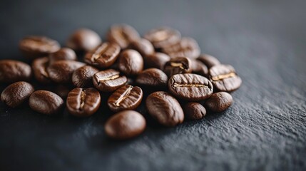 Naklejka premium Close-up of roasted coffee beans on a dark textured surface
