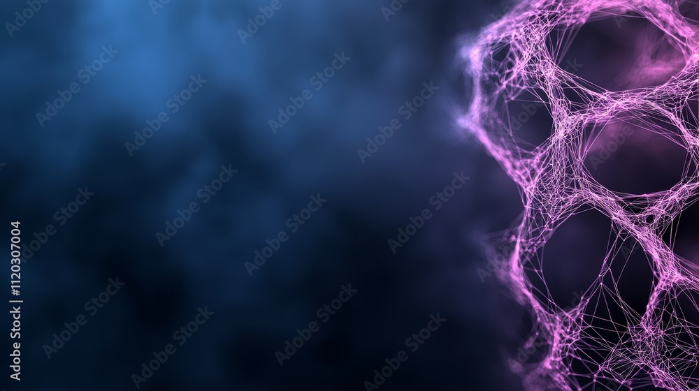 Poster abstract digital background with glowing pink lines and particles on a dark blue canvas, representin