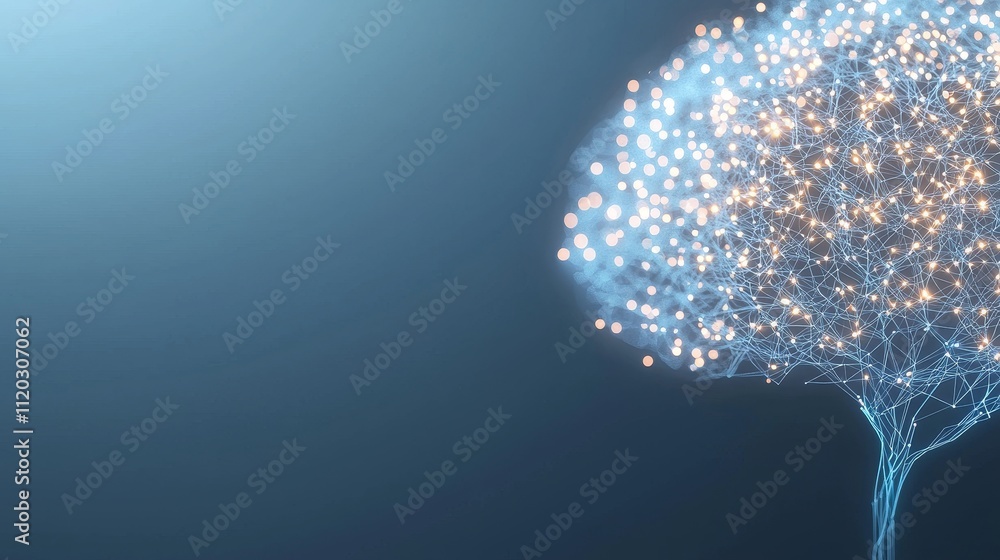 Poster conceptual representation of a digital brain with glowing nodes and intricate connections against a 