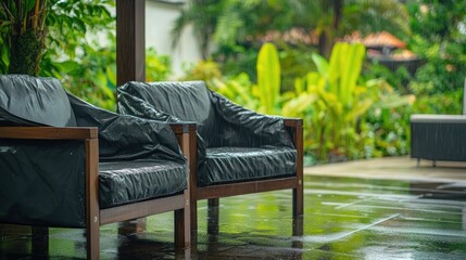 Two covered outdoor chairs on a wet patio surrounded by lush greenery.