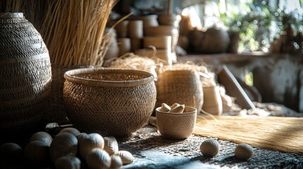Present bamboo weaving as part of a sustainable lifestyle, showcasing an artisan's workspace surrounded by natural materials