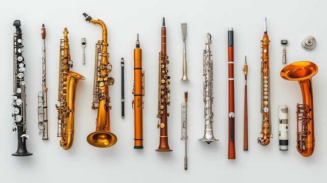 Woodwind and brass instruments arranged neatly.