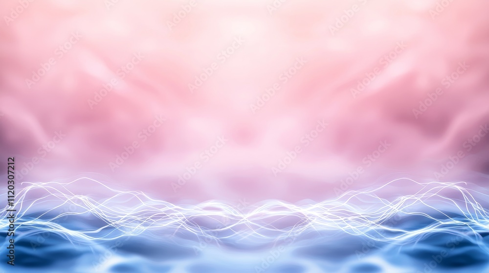 Poster ethereal background with soft pink and blue hues and flowing light waves for abstract design project