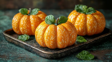 Three small pumpkins sitting on a tray with mint leaves