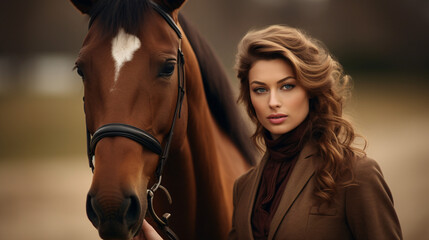 Fototapeta premium A portrait of an elegant woman rider with her horse, standing outside in a natural setting.
