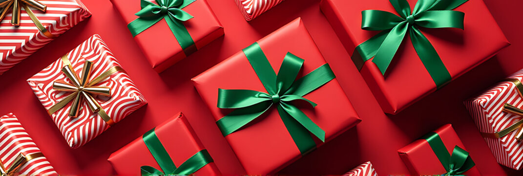 Vibrant red gifts with striped wrapping and decorative green ribbons make perfect presents for holiday celebrations and joyful occasions together._00001_