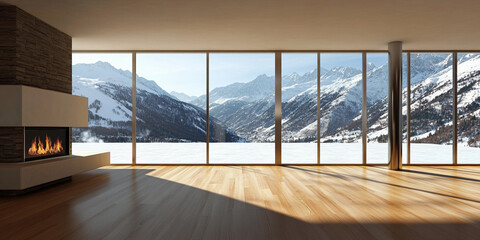 Modern interior with magnificent mountain view in winter
