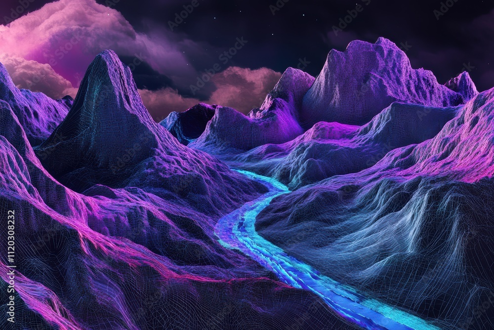 Poster a mountain range with a river running through it. generative ai