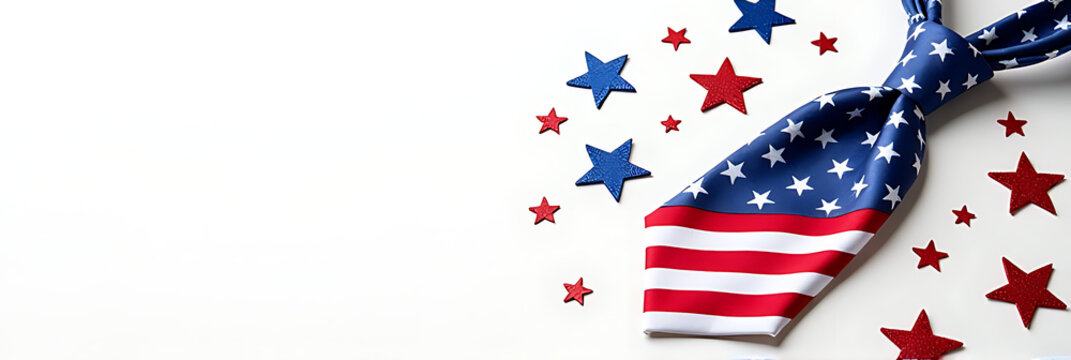 Vibrant patriotic display features shimmering stars, a silk necktie with American flags, on a white background for customizable promotions._00001_