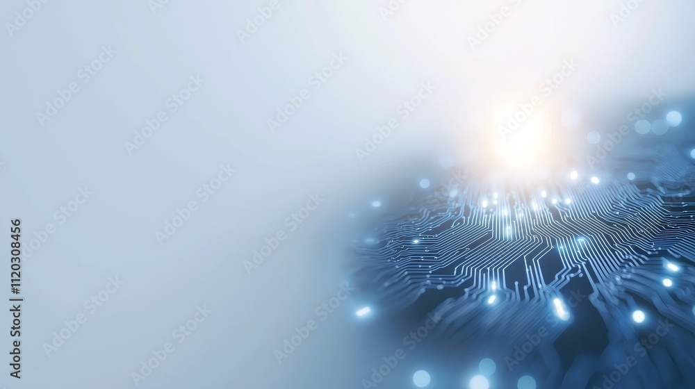Poster futuristic abstract concept with circuit board design and glowing lights on soft gradient background
