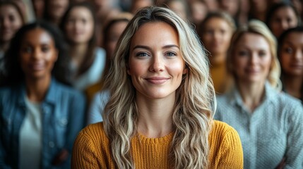Fototapeta premium A woman standing in front of a large group of people