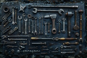 Fototapeta premium A Comprehensive Display of Vintage Hand Tools on a Dark Background