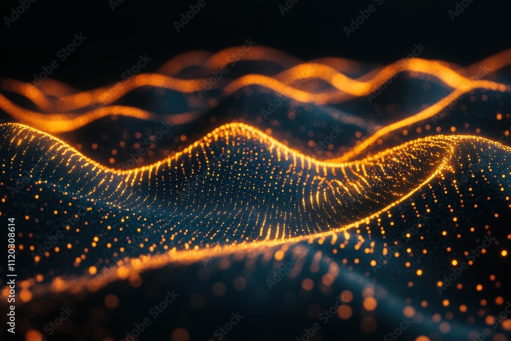 Poster a black and orange wave pattern with a lot of dots. generative ai