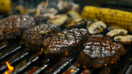 selective focus of juicy tasty steaks grilling on bbq grid with mushrooms, corn and sliced eggplant