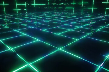 Fototapeta premium A green and blue room with a lot of lights. Generative AI