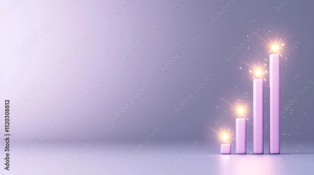 Poster soft purple growth bar graph with sparkling lights on a minimalist background for business and finan