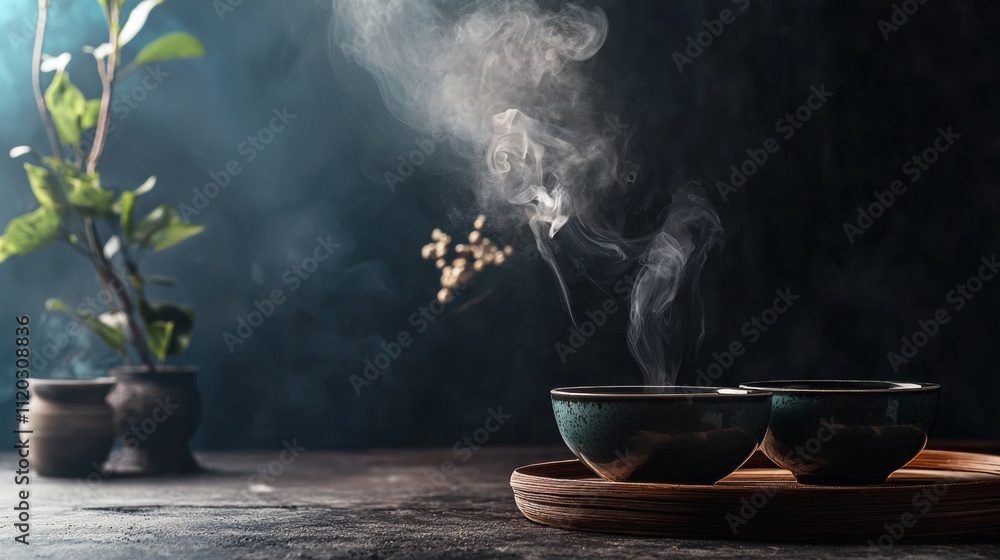 Poster steaming cups of tea on rustic table with dark background