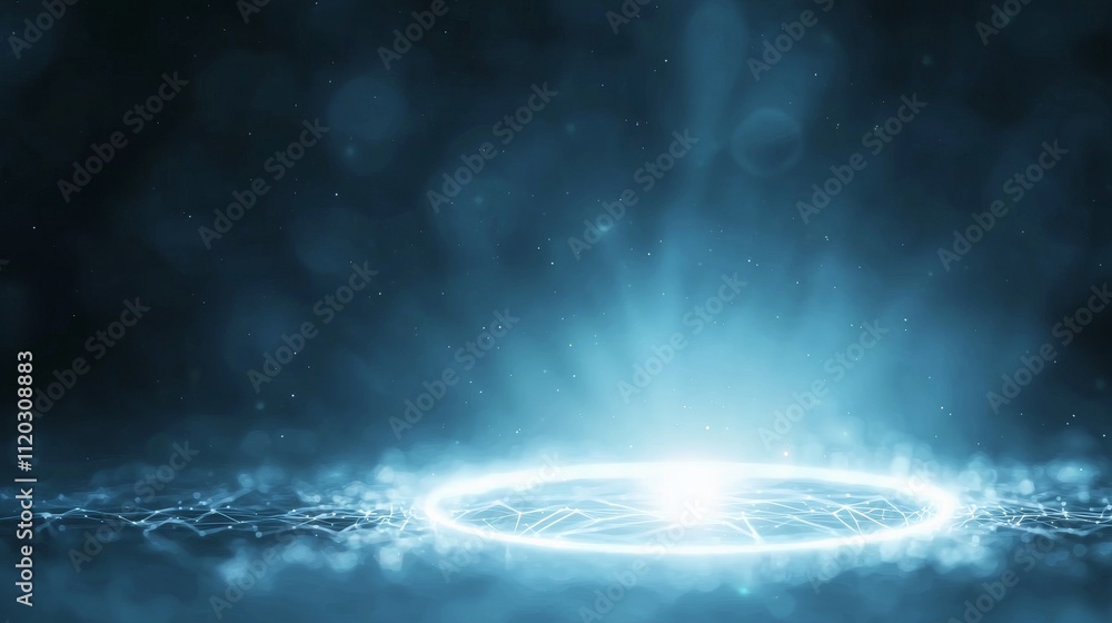Poster ethereal light burst with soft blue glow and abstract wave patterns in digital style for background 