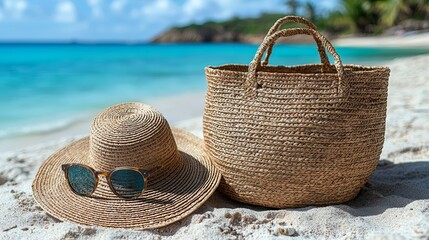 A straw hat and sunglasses on a beach next to the ocean
