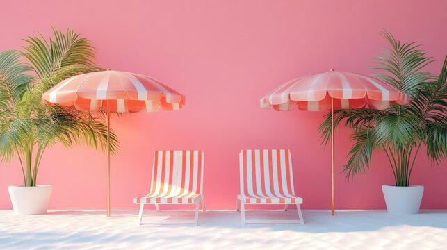 Pink beach scene with two striped lounge chairs and umbrellas.