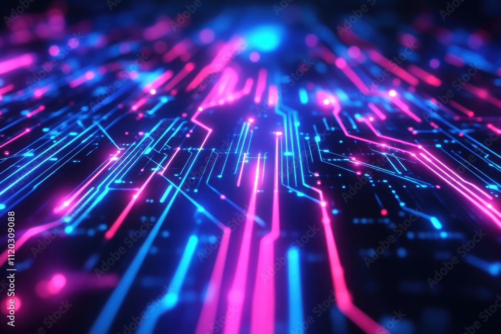 Poster a computer chip with a blue and pink background. generative ai