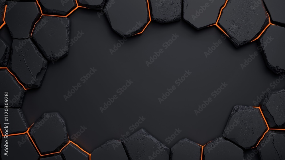 Poster black and orange hexagonal stone background with lava texture for abstract art and design projects