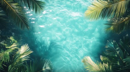 Overhead view of turquoise water framed by palm fronds.