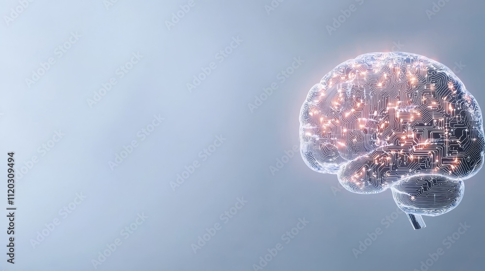 Aufkleber futuristic human brain with circuit patterns and glowing lights on a soft blue background for techno