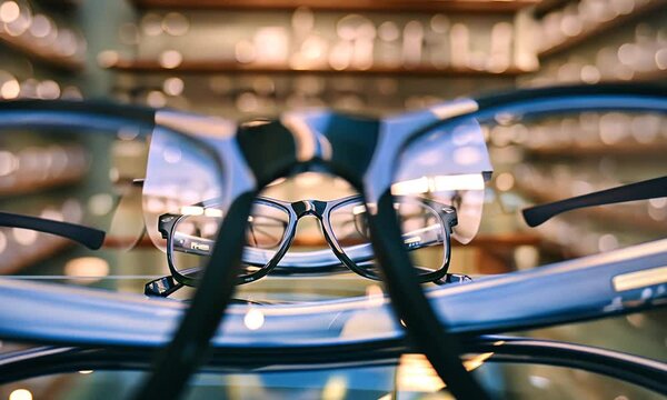 Shelf in a medical store for glasses, ophthalmology. Vision glasses in an optical store on the shelves.