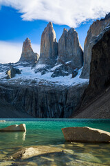 Mountains of Torres del Paine behind of glacier lake