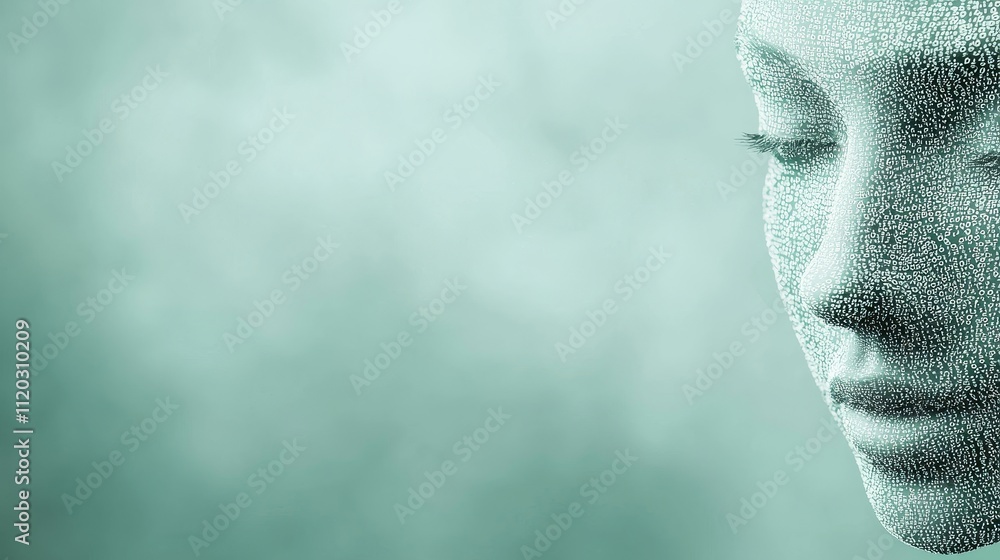 Aufkleber woman's face merging with abstract patterns in soft green background representing technology and mod