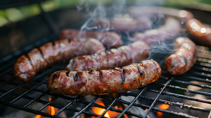 raw pork sausages cooking on barbecue grill grates