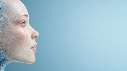 Futuristic Portrait of a Cyborg Woman with Glowing Circuitry and Soft Features Against a Light Blue Background