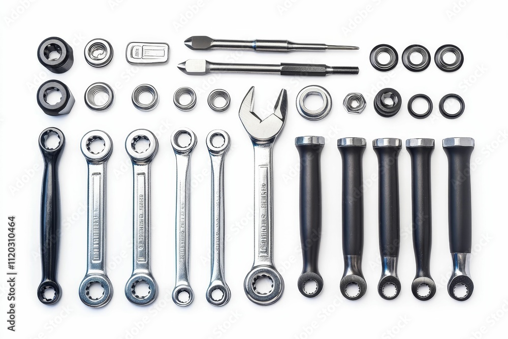 Poster assorted metal tools and fasteners arranged neatly.