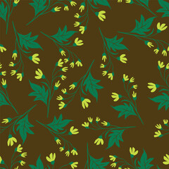 Simple vintage pattern. Light background, orange and mustard, dark blue flowers