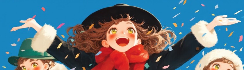 Cheerful Children Holding Confetti Woman In Black Coat Celebration Joy Family Fun Colorful Event Photography Modern Creative Stock Image