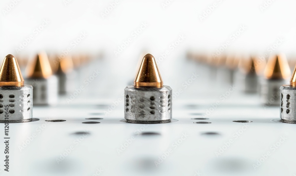 Poster pointed metal objects in a grid pattern.