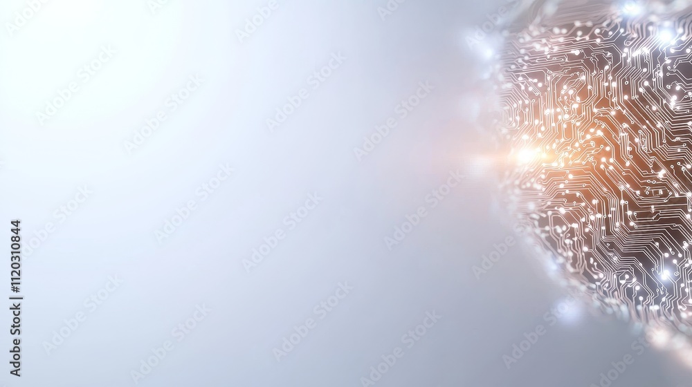Poster abstract illustration of artificial intelligence circuit board with glowing elements on blurred ligh