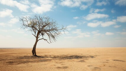 Bare Leafless Tree in a Vast Desert, Concept of Drought, Isolation, and Climate Change