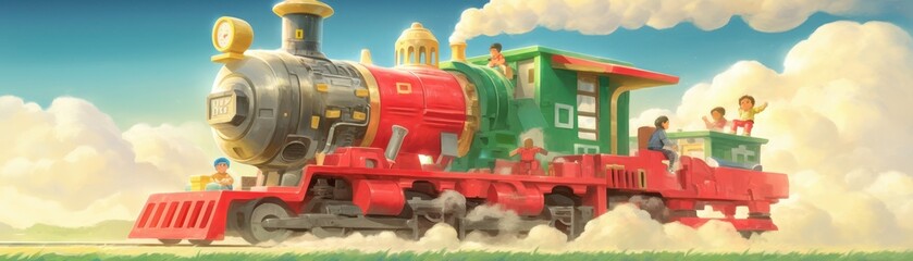 Fototapeta premium Children Building Toy Houses with a Train on Tracks Creative Playtime Moments Captured in a Professional Stock Photography Style