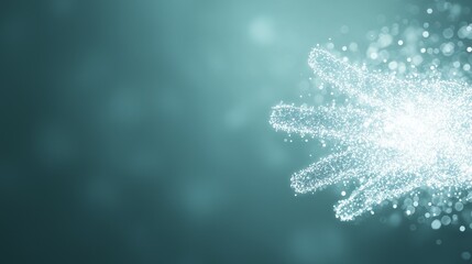 Abstract representation of a sparkling hand gesture with shimmering particles on a soft teal background
