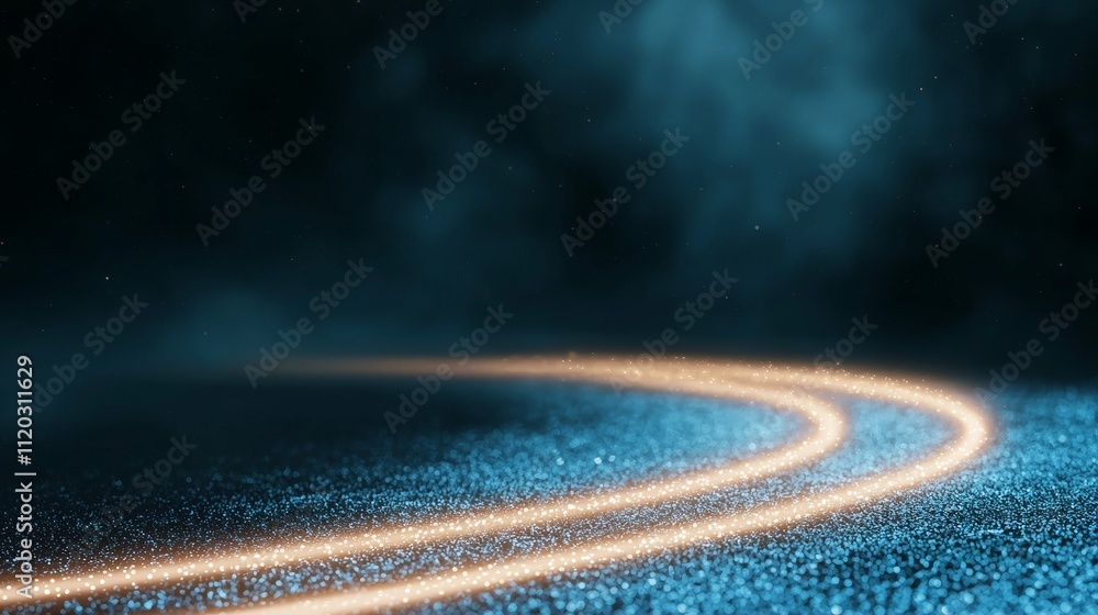 Poster curved light trails on a dark background with misty atmosphere and sparkling particles in artistic s